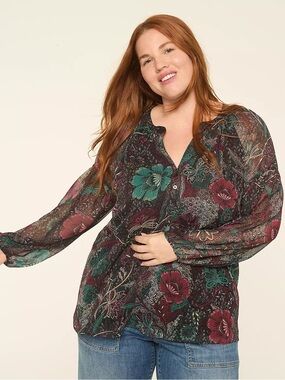 Lane Bryant Sheer Black Blouse with Teal & Burgundy Botanical Print
